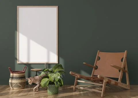 Empty vertical picture frame on green wall in modern living room. Mock up i.. Stock Illustration