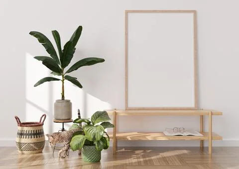 Empty vertical picture frame. Mock up interior in boho style. Free, copy spac Stock Photos