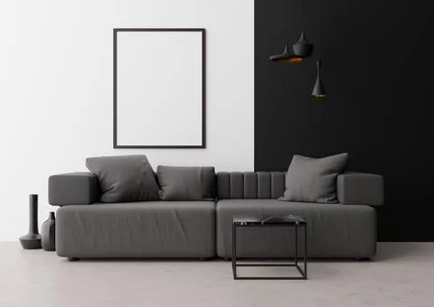 Empty vertical picture frame on white wall in modern living room. Mock up int Stock Photos