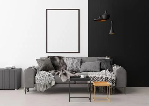 Empty vertical picture frame on white wall in modern living room. Mock up int Stock Photos