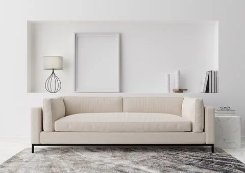 Empty vertical picture frame on white wall in modern living room. Mock up int Stock Photos