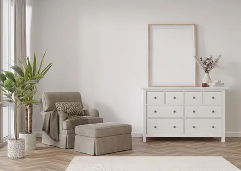 Empty vertical picture frame on white wall in modern living room. Mock up int Stock Photos