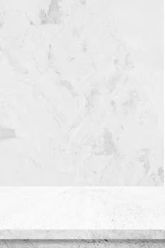 Empty vertical white cement table over white cement wall background, banner, Stock Photos