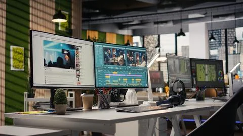 Empty video editing software and streaming platform on dual monitors Stock Photos