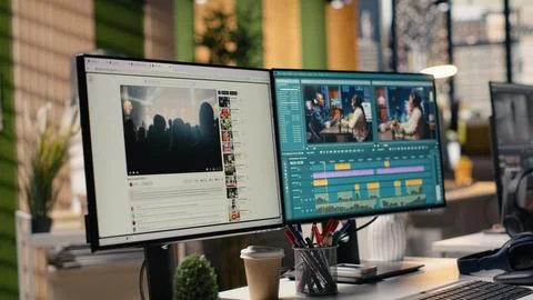 Empty video editing software and streaming platform on dual monitors Stock Photos