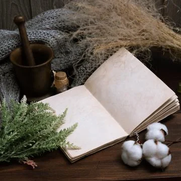 Empty vintage notebook surrounded by herbs, alchemy appliances, potions mortar Stock Photos