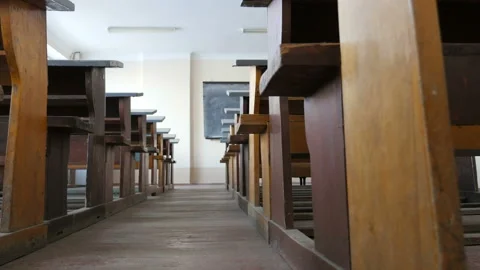 Empty vintage outmoded classroom, lecture Hall, auditorium hall Stock Footage 88198850