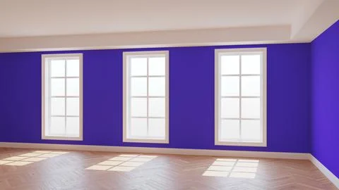 Empty Violet Interior with Three Large Windows, Light Glossy Herringbone Parquet Stock Illustration