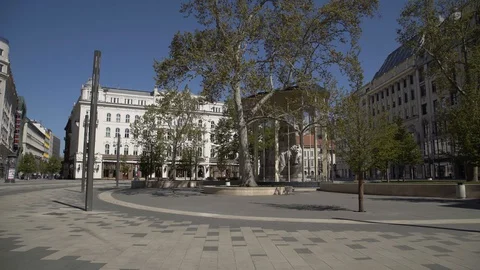 Empty Vorosmarty square, Budapest, Hungary. Because of the coronavirus, covid19. Stock Footage 129193556