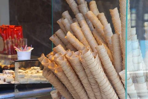 Empty waffle cones for ice cream, street vending, Old Town, Kaleici, Antaly.. Stock Photos