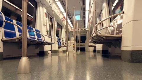 Empty Wagon Of A Metro Train With Blue Seats Stock Footage 78486643