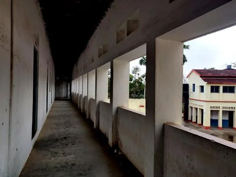 Empty Walkway in an old school corridor in an Indian village Bihar Stock Photos