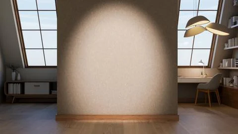 An empty wall between dim lit study room and attic room with wooden floor c.. 스톡 일러스트