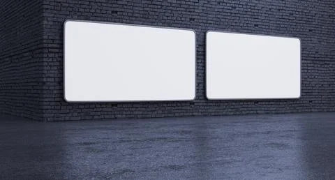 Empty wall corner luminous LED banner, 2 screen billboard mockup, 3D render Stock Illustration