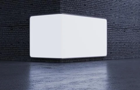 Empty wall corner luminous LED banner, curved screen billboard mockup, 3D r.. Illustrazione stock