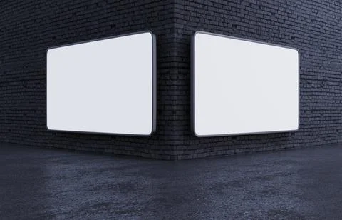 Empty wall corner luminous LED banner, 2 screen billboard mockup, 3D render Stock Illustration