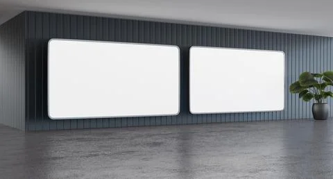 Empty wall luminous LED banner, indoor 2 screen billboard mockup, 3D render Stock Illustration