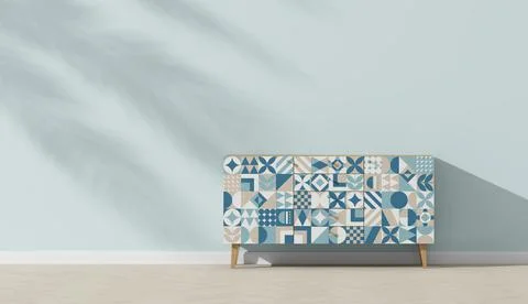 Empty wall mock up in Scandinavian style interior with painted sideboard. Stock Illustration