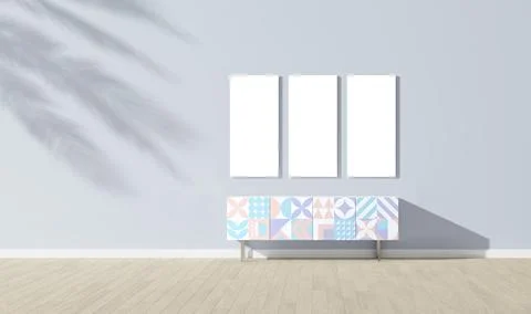 Empty wall mock up in Scandinavian style interior with painted sideboard. Stock Illustration