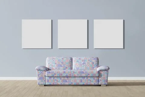 Empty wall mock up in Scandinavian style interior with sofa. 3D render. Stock Illustration