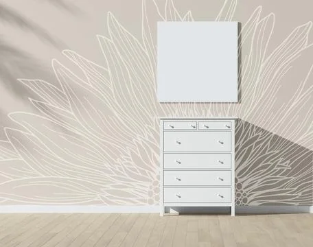 Empty wall mock up in Scandinavian style interior with white chest of drawers. Stock Illustration