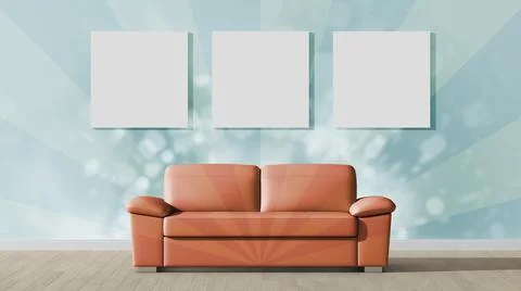 Empty wall mock up in Scandinavian style interior with sofa. 3D render. Stock Illustration