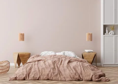 Empty wall in modern bedroom. Mock up interior in scandinavian, boho style Stock Illustration