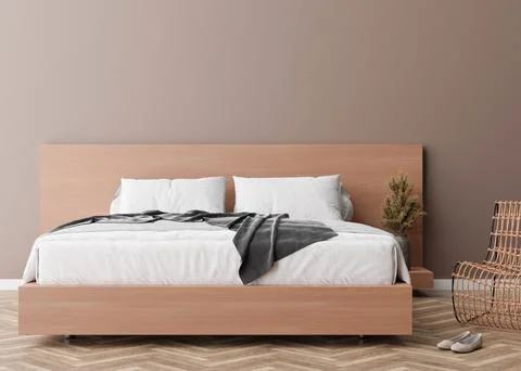 Empty wall in modern bedroom. Mock up interior in scandinavian, boho style Stock Illustration