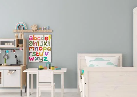 Empty wall in modern child room. Mock up interior in scandinavian style. Copy Ilustração Stock
