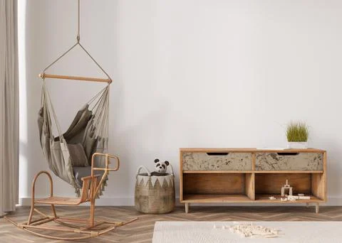 Empty wall in modern child room. Mock up interior in boho style. Copy space f Stock Photos