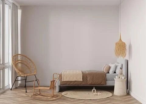 Empty wall in modern child room. Mock up interior in boho style. Free, copy s Stock Photos
