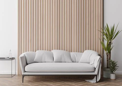 Empty wall with wooden planks in modern living room. Mock up interior in cont Stock Photos