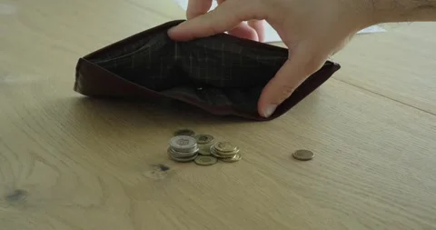 Empty Wallet with Few Coins on Table Stock Footage 337759656