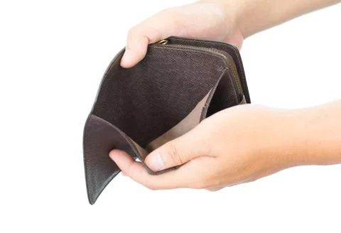 Empty wallet in the hands isolated on white background Stock Photos