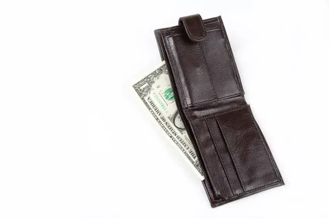 Empty wallet with one dollar on the white background Stock Photos