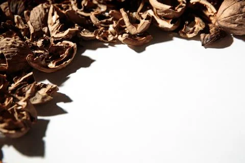 Empty walnut shell frame. Textured nut border with white place background. Bu Foto stock