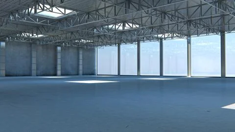Empty warehouse. 3d illustration stone building with light Ilustración de archivo
