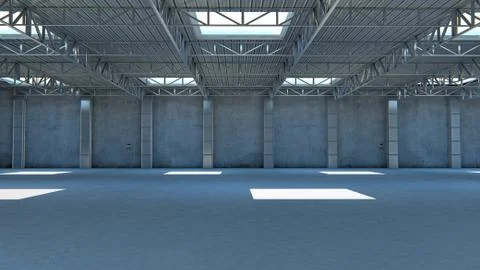 Empty warehouse. 3d illustration stone building with light Ilustración de archivo
