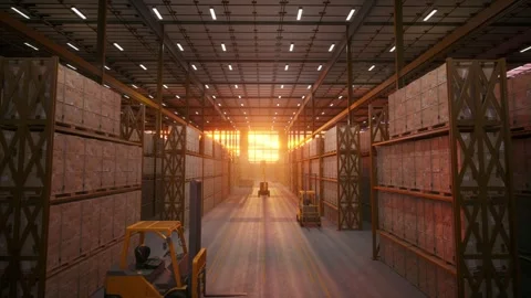Empty Warehouse Aisle with Forklift and Sunset Light Stock Footage 337813015
