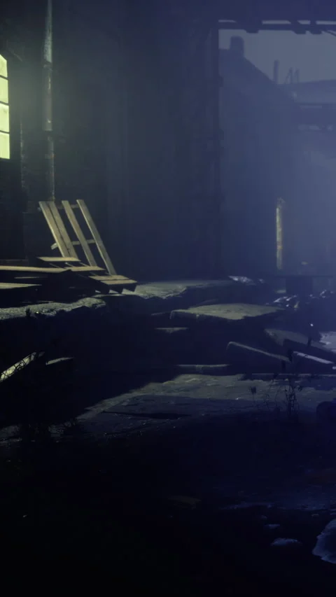 Empty warehouse at dusk with dim light revealing hidden corners and textures Stock Footage 334251132