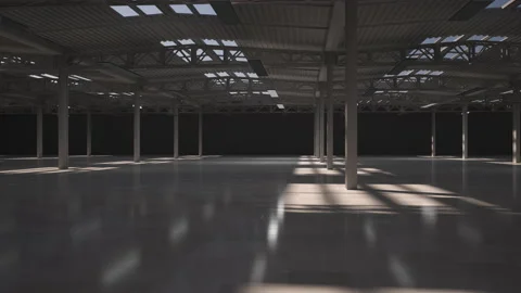 Empty warehouse hall, the light turns on. Industrial interior of the hall with l Stock Footage 202133922