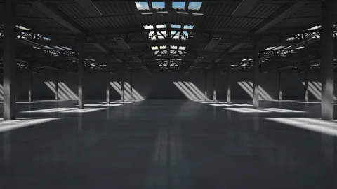 Empty warehouse hall, the light turns on. Industrial interior of the hall with l Stock Footage 202134069