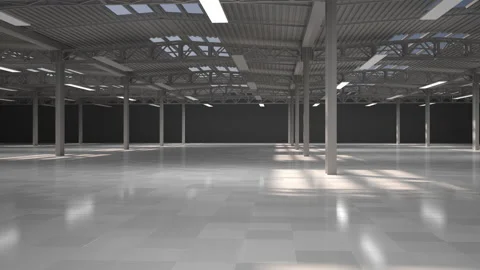 Empty warehouse hall, the light turns on. Industrial interior of the hall with l Stock Footage 202134140