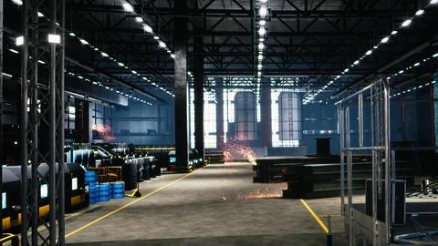 Empty warehouse interior in heavy industry environment displays steel work Stock Photos