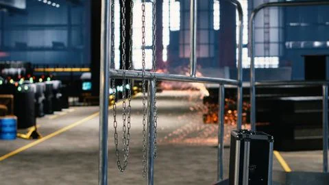 Empty warehouse interior in heavy industry environment displays steel work Stock Photos