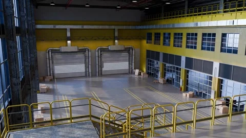 Empty warehouse interior with loading docks and boxes Video stock 309936811
