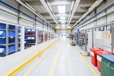 Empty warehouse interior with shelves, pallets , boxes and equipment Stock Photos