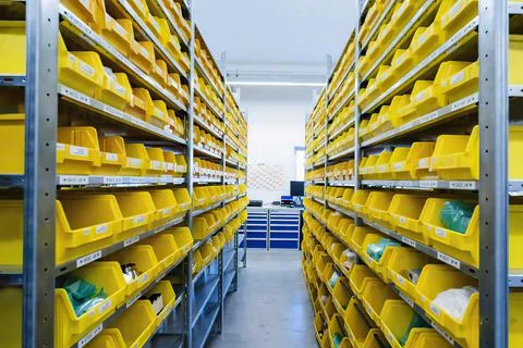 Empty warehouse interior with shelves, pallets , boxes and equipment Stock Photos