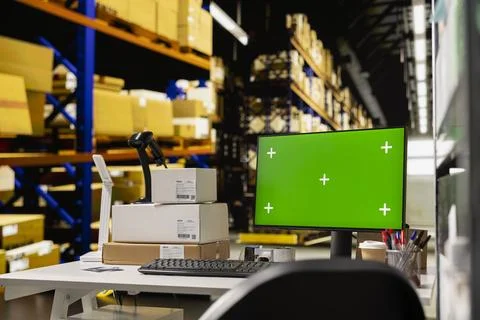 Empty warehouse with mockup display on computer monitor Foto stock