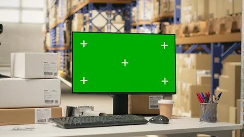 Empty warehouse with mockup display on computer monitor Foto stock